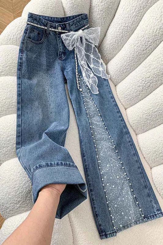Women Jeans Pants Baggy Jeans Spring Flare Trousers Lace Applique Crystal Wide Leg Pearl Slit Distressed Design