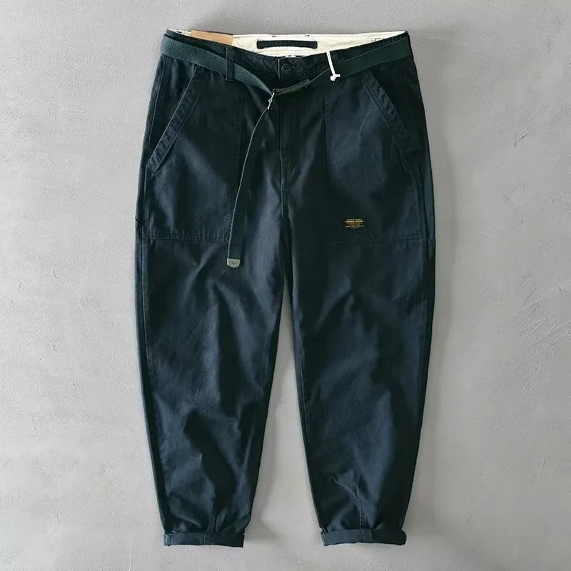 Autumn Summer Wide Leg Cotton Work Trousers Men's Cone Straight Loose Wear Resistant Pocket Pants Retro Wash Casual Workwear
