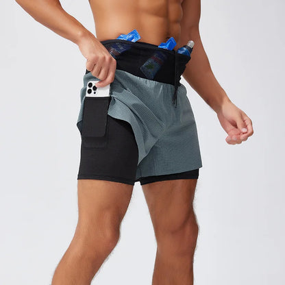 Double Deck Sports Shorts Men 2 in 1 Marathon Fitness Running Shorts Male Short Gym Man Basketball Workout Pants Multi-pocket
