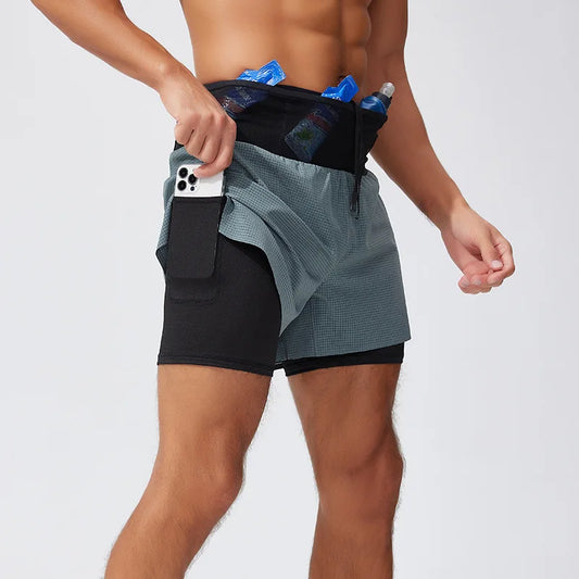 Double Deck Sports Shorts Men 2 in 1 Marathon Fitness Running Shorts Male Short Gym Man Basketball Workout Pants Multi-pocket