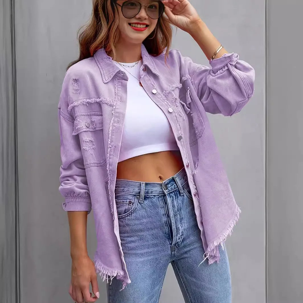 New Solid Colour Mid-length Hole Long-Sleeved Denim Jacket Denim Jacket Women