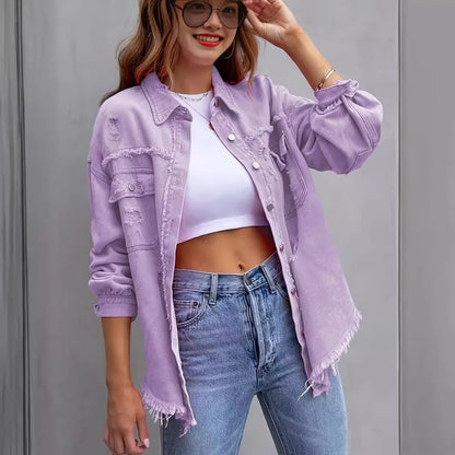 New Solid Colour Mid-length Hole Long-Sleeved Denim Jacket Denim Jacket Women