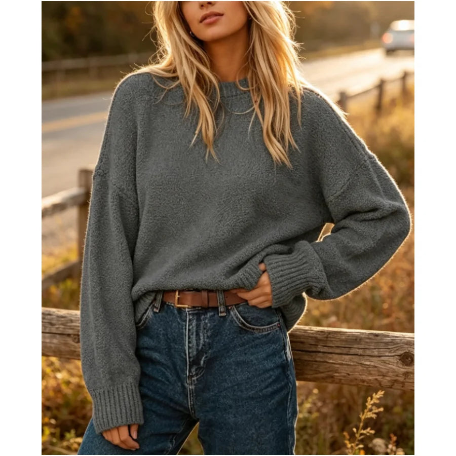 Women's Sweater Solid Color Oversized Crewneck Long Sleeve Fuzzy Knit Casual Chunky Warm Soft Fall Pullover Loose Sweaters Top Outfits