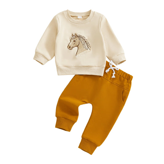 Adorable Infant Boys 2-Piece Set Stylish Long Sleeve Horse Embroidered Sweater with Matching Pants Perfect for Autumn Outings