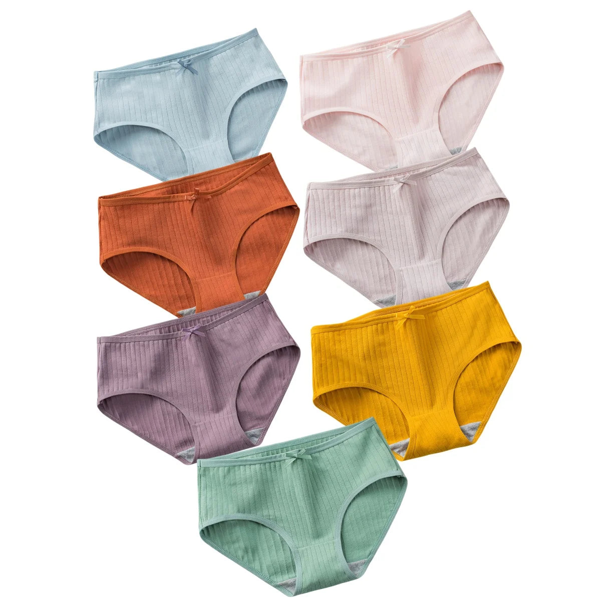 7Pcs/Set Women Cotton Ribbed Panties Mid-Rise Briefs with Bow Detail Comfort Breathable Underwear Sexy Lingerie Intimates M-XL