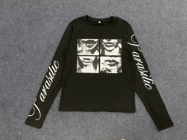 Y2K Harajuku Aesthetics Versatile Tee American Retro Millennium Letter Printed T-shirt Dark Street Punk Long Sleeved Women's Top