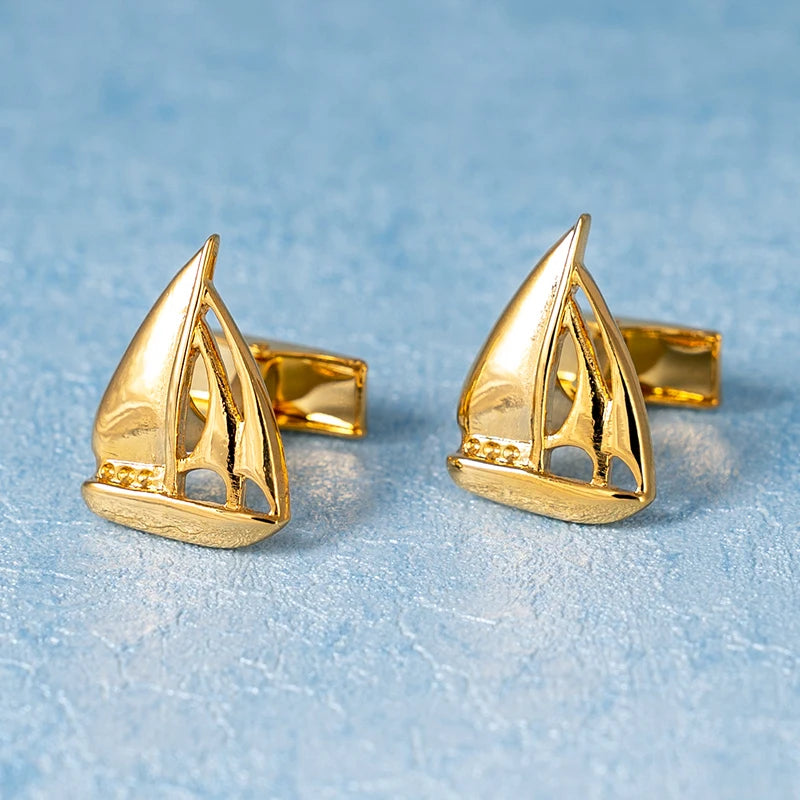 Fashion Sailing Boat Cufflinks Gold Metal Cuff Button White Blue Enamel Jewelry For Men Suit French Shirt Business Groom Gifts