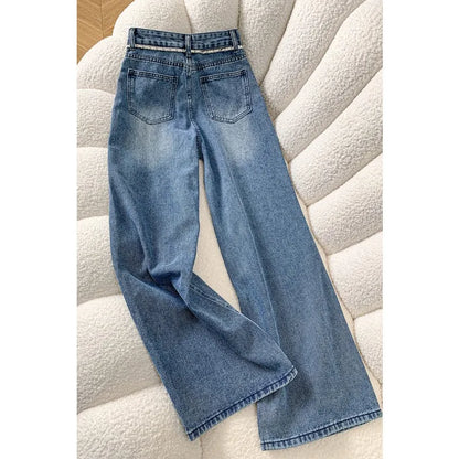 Women Jeans Pants Baggy Jeans Spring Flare Trousers Lace Applique Crystal Wide Leg Pearl Slit Distressed Design