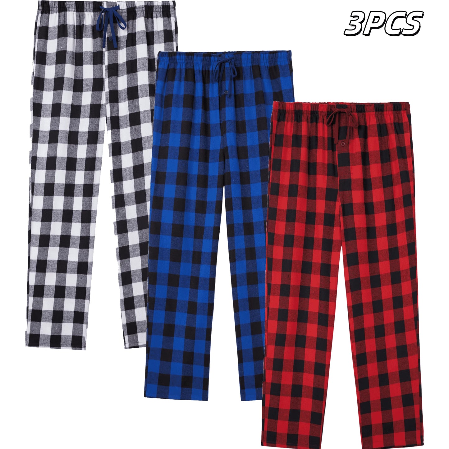 3pcs Men's Pajama Bottoms Autumn/Winter Flannel Plaid Loose Trousers Warm Homewear Pants Male Soft with Pockets Sleepwear