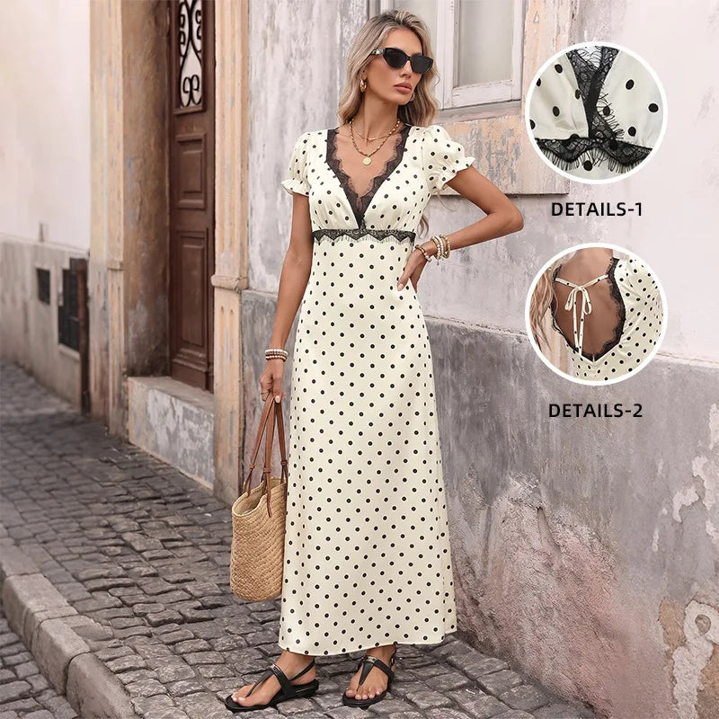 Women's Summer French Vintage Polka Dot Dress Sexy V Neck Lace Trim Short Sleeve Long Maxi Dress Vacation Beach Outfit 2026