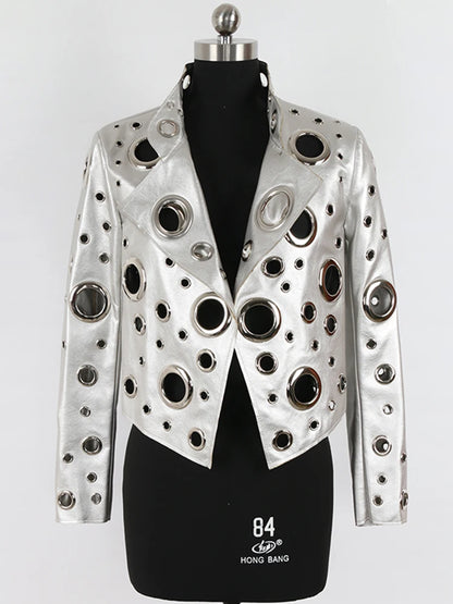 Nerazzurri Spring Autumn Short Hollow Out Pu Leather Jacket Women Rivet Cool Stylish Luxury Designer Clothes Runway Fashion 2024