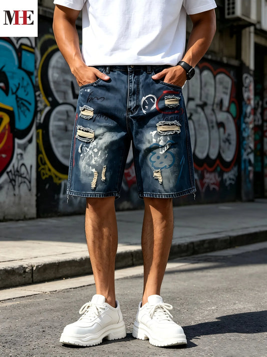 HME Loose Straight Denim Pants, Men's Vintage Knee Shorts with Unique Graffiti Artwork & Washed Denim Craft