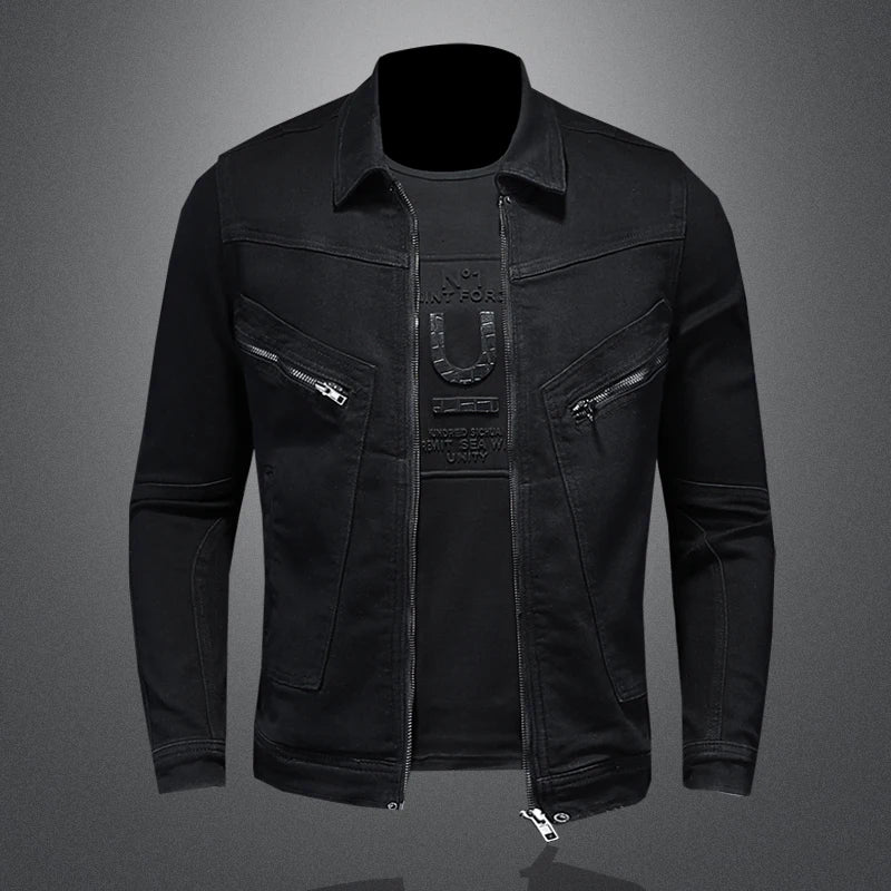 Men's High-Quality Fashion Handsome Trend Classic Denim Jacket Black Gold Zipper Biker Multi-Zip Winter Snow Jacket