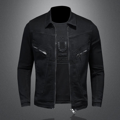 Men's High-Quality Fashion Handsome Trend Classic Denim Jacket Black Gold Zipper Biker Multi-Zip Winter Snow Jacket
