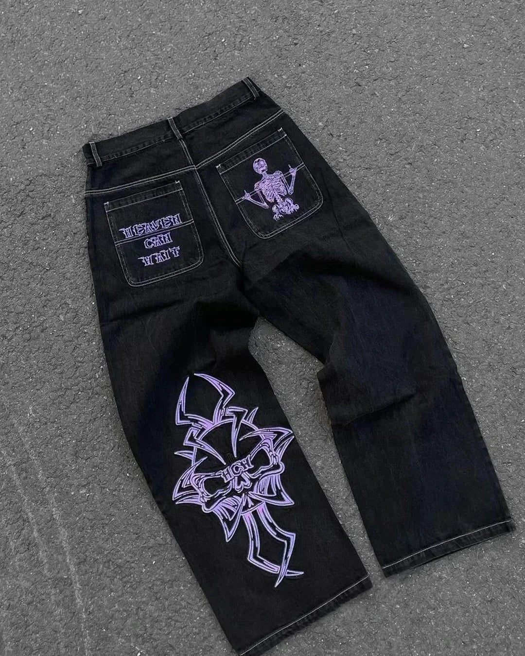 Street Fashion Trend Skull Embroidered Jeans Women Straight Wide-leg Pants Couple Casual Jeans