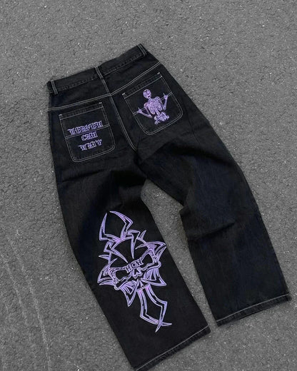 Street Fashion Trend Skull Embroidered Jeans Women Straight Wide-leg Pants Couple Casual Jeans