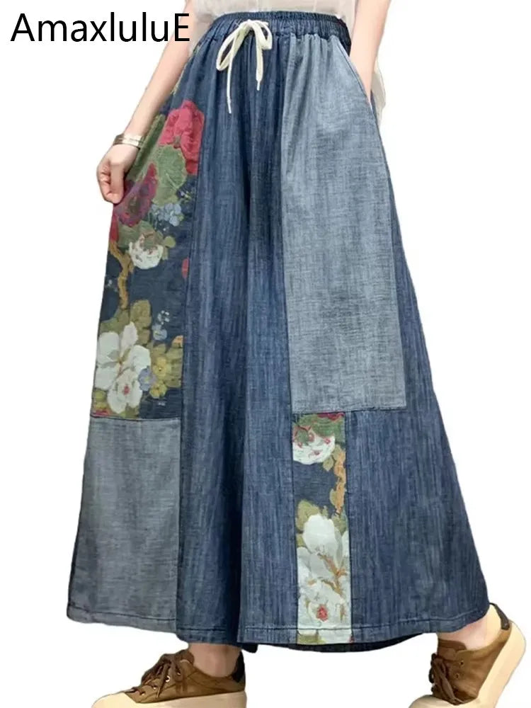 Amax luluE 2024 Summer Womens Fashion Denim Printed Plus Size Wide Leg Pants Ladies Casual Loose Floral Jeans Classic Trousers