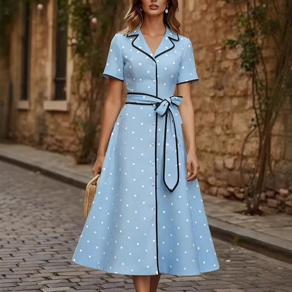 Vintage French Style Polka Dot V Neck Summer Dress Slim Waist Tie Belt Midi A-Line Flared Casual Outfit