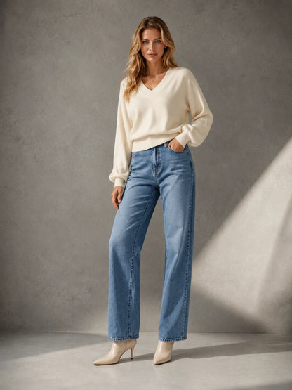 Batwing Sleeve V‑Neck Sweater for Women, Dolman Long Sleeve Ribbed Hem Cropped Knit Pullover, Loose Fit Casual Soft Knitted Jumper for Daily Office Fall Winter