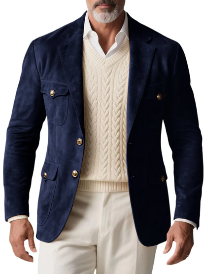 1970s Men's Suede Blazer Retro Slim Fit Two Buttons Multi Pocket High Quality Jacket Fashion Casual Sport Coat For Daily Wear