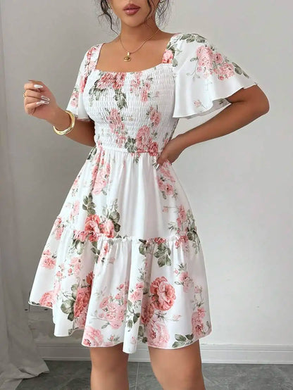 Women Floral Print Sashes Ruffle Hem Short Sleeve Casual Dress, Vacation Style Women's Evening Dresses