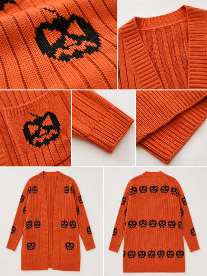 Women Halloween Open Front Cardigan, Pumpkin Face Jacquard Knit Long Sleeve Cardigan, Loose V‑Neck Mid‑Length Sweater Coat with Pockets