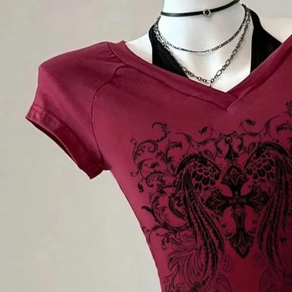 Y2K Grunge Style Summer Women's Gothic Punk V-neck Strap up T-shirt with Skull and Wings Print
