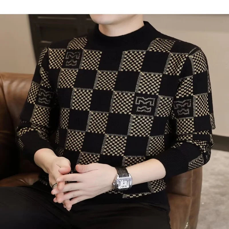Checkered sweater for men's autumn and winter new fashion brand jacquard knitted sweater with half high collar and bottom layer