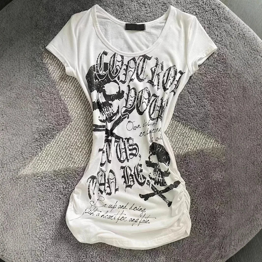 Retro Hot Girl Vintage Punk Rock Short Sleeve Waist Cinched Skull Head Print American Style Top Women's T-shirt Crew Neck