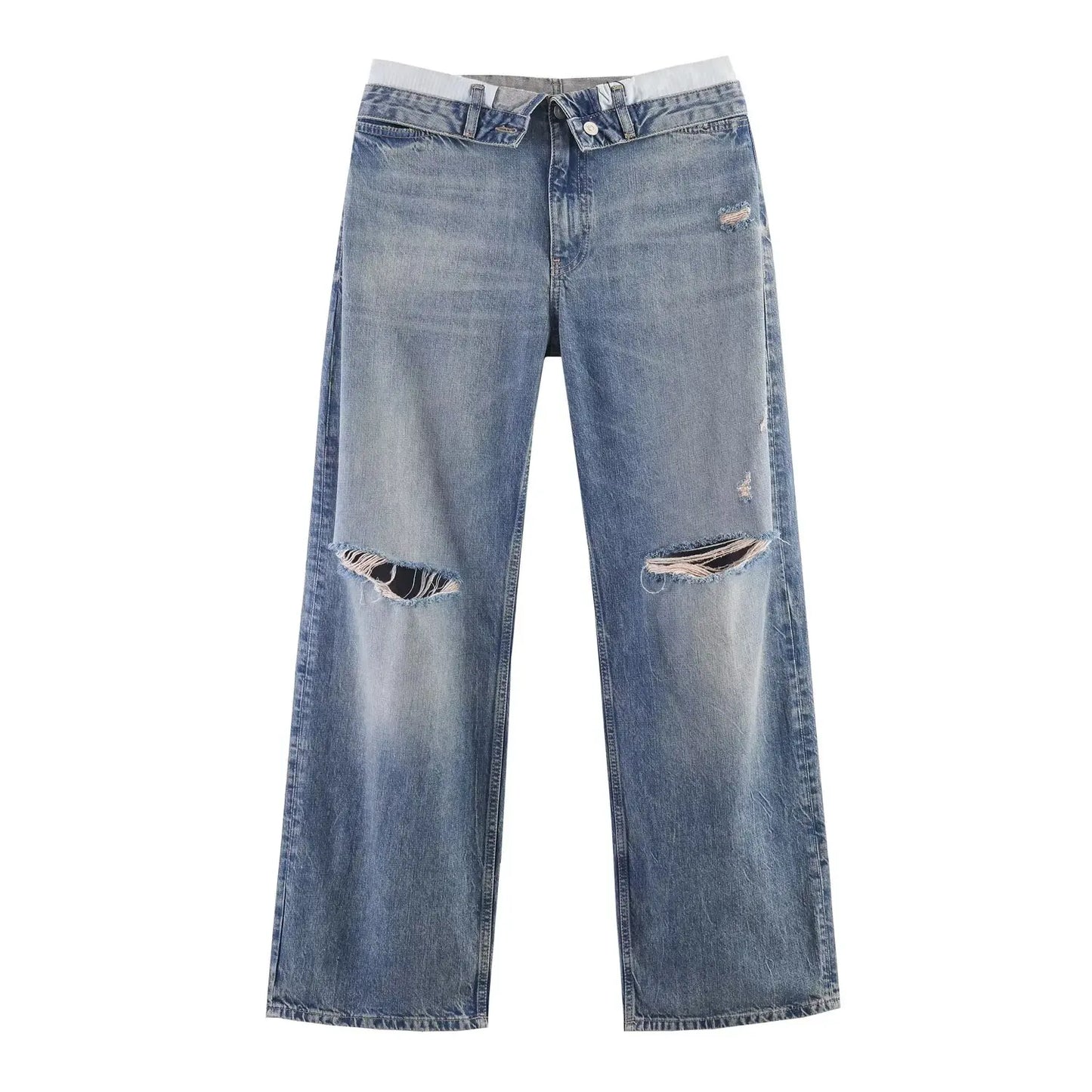 Casual Women Long Jeans Summer Female Chic Ripped Holes Denim Fashion Mid Waist Flanging Button Streetwear Pants Trousers