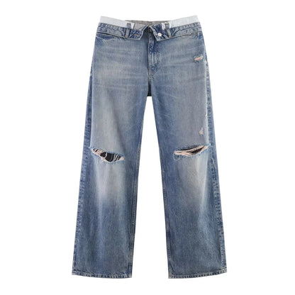 Casual Women Long Jeans Summer Female Chic Ripped Holes Denim Fashion Mid Waist Flanging Button Streetwear Pants Trousers