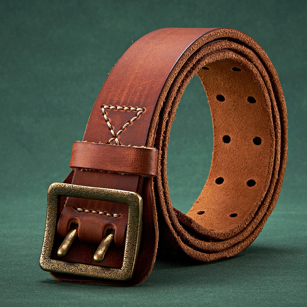 3.8CM Luxury Thick Real Genuine Leather Men Belt Double Buckle Belt Ceinture Leather Belt Men Jeans Trouser Belt Cowboy