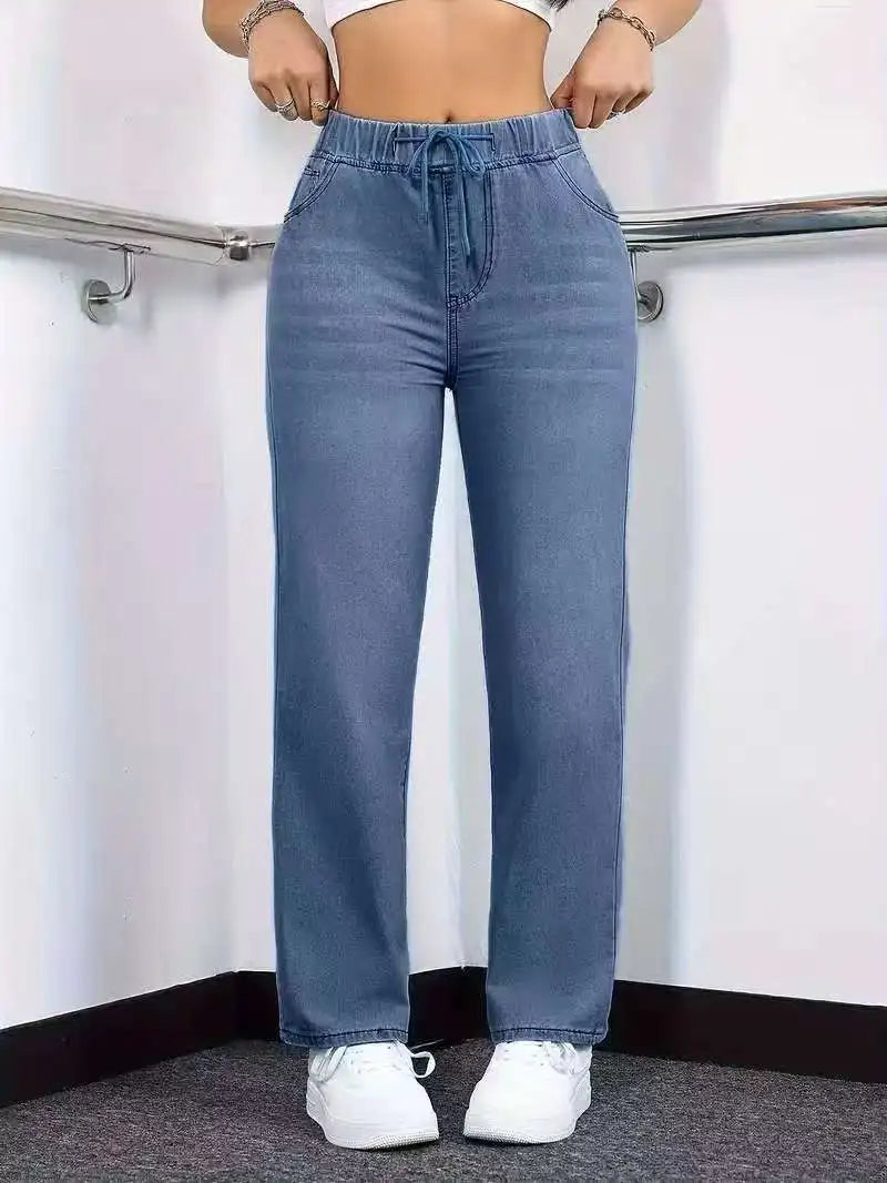 Women's Straight-Leg Jeans Elastic Waistband Drawstring Comfort Fit Casual Stretch Denim Pants