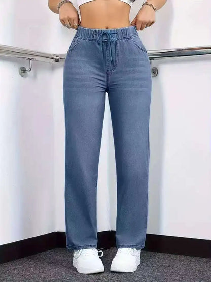 Women's Straight-Leg Jeans Elastic Waistband Drawstring Comfort Fit Casual Stretch Denim Pants