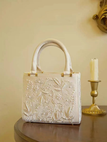 Elegant Soft Pearl Embroidery Fashion Handbag Silk Cheongsam Evening Clutch Chain Shoulder Bag Urban Minimalist Style Tote Chic