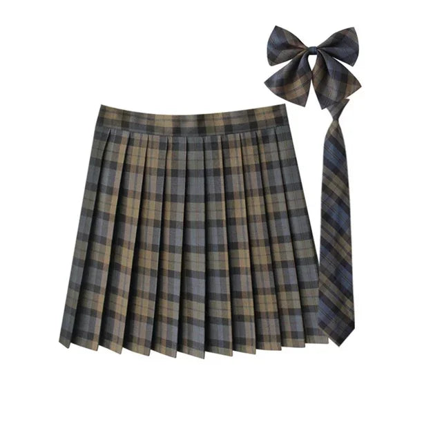 Women Summer Plaid Pleated Skirt With Necktie Bowtie Korean Jk Skirt Uniform Japanese School Preppy A Line Mini Skirts