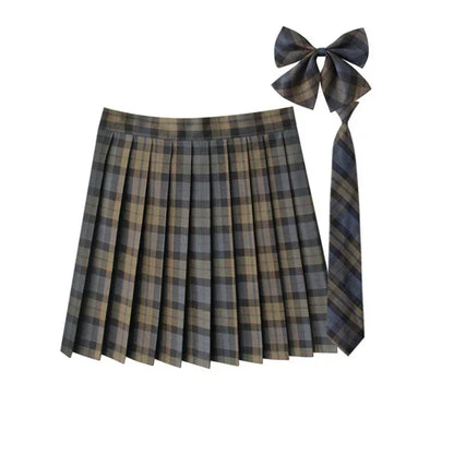 Women Summer Plaid Pleated Skirt With Necktie Bowtie Korean Jk Skirt Uniform Japanese School Preppy A Line Mini Skirts