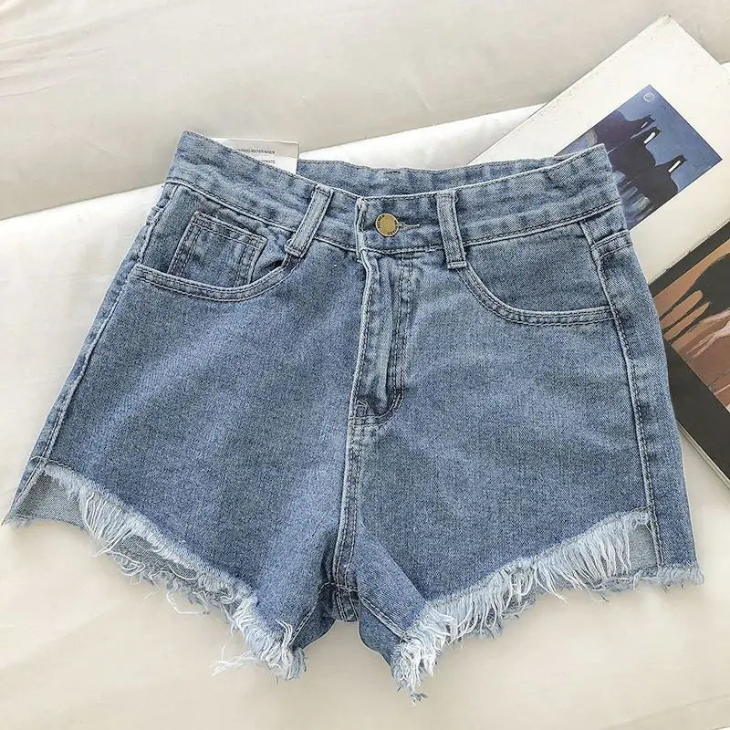 New Summer Women High Wiast Raw Hem Denim Shorts Soild White Black Blue Korean Wide Leg Pants Mon Shorts DURIKIES