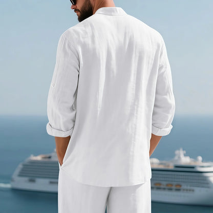 Men White Linen Button Down Long Sleeve Shirt Mandarin Collar Chest Pocket Roll Tab Cuff Loose Oversized Breathable Textured Beach Vacation Casual Holiday Top
