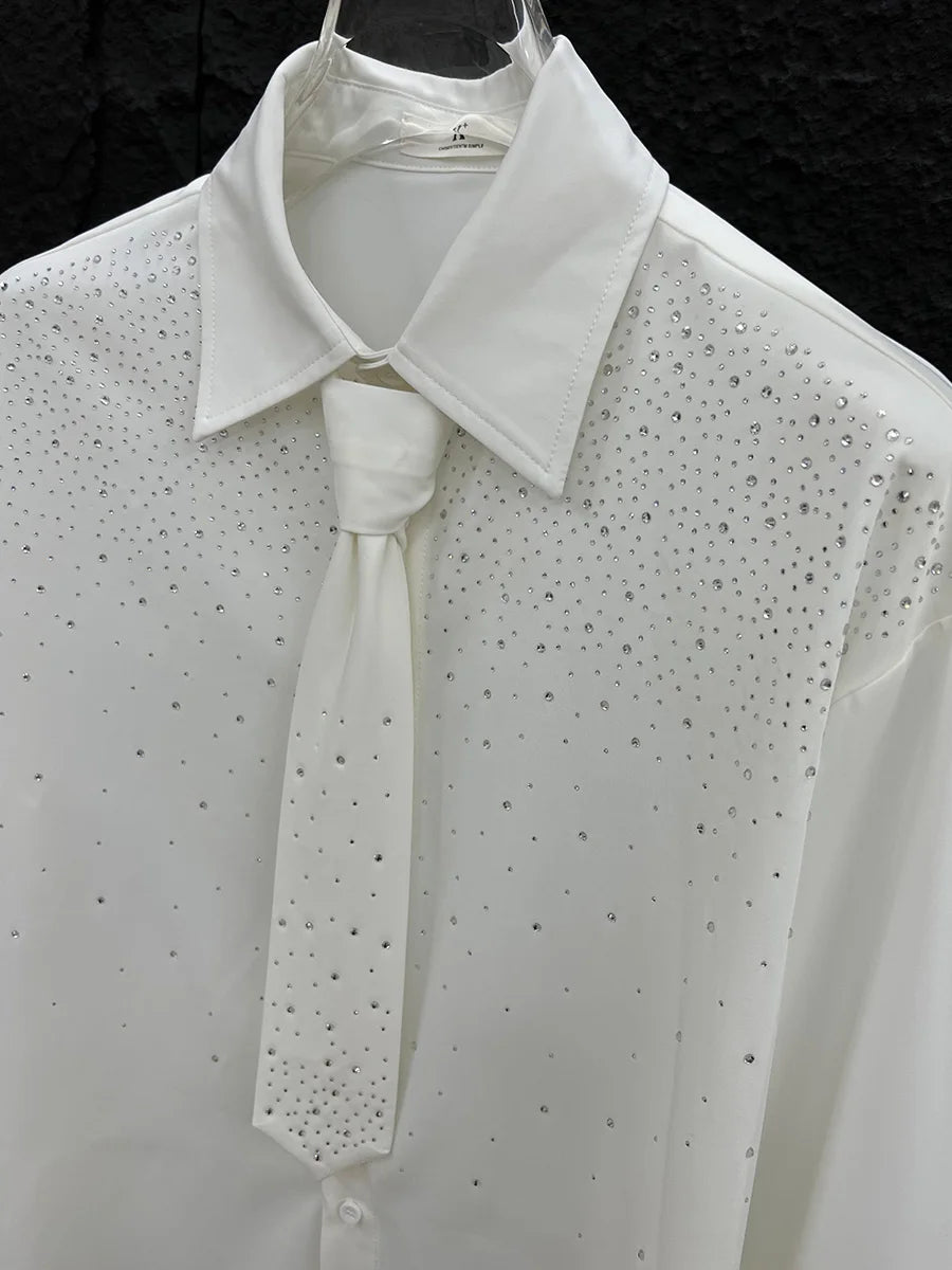 Men's 2025 Spring Summer New High-End Tops Fashion Rhinestone Long Sleeve Solid Color Shirts Men's Trendy Loose Comfort Shirts
