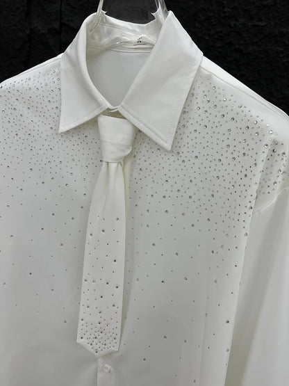 Men's 2025 Spring Summer New High-End Tops Fashion Rhinestone Long Sleeve Solid Color Shirts Men's Trendy Loose Comfort Shirts