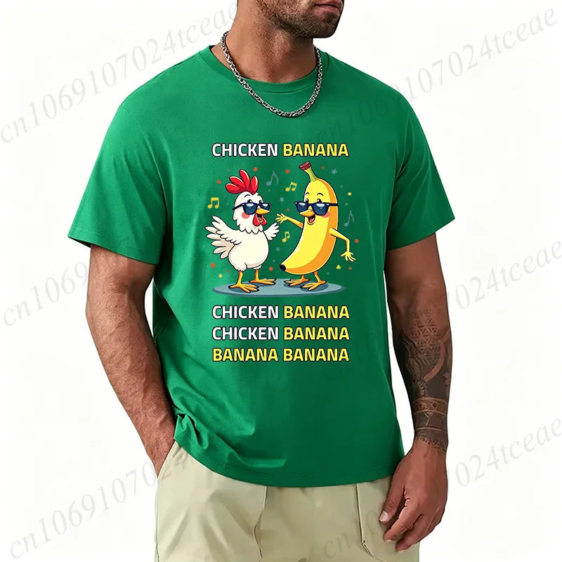 Unisex Chicken Banana Meme T Shirt Funny Cartoon Chicken Banana with Sunglasses Graphic Tee Music Short Sleeve Oversized Tops