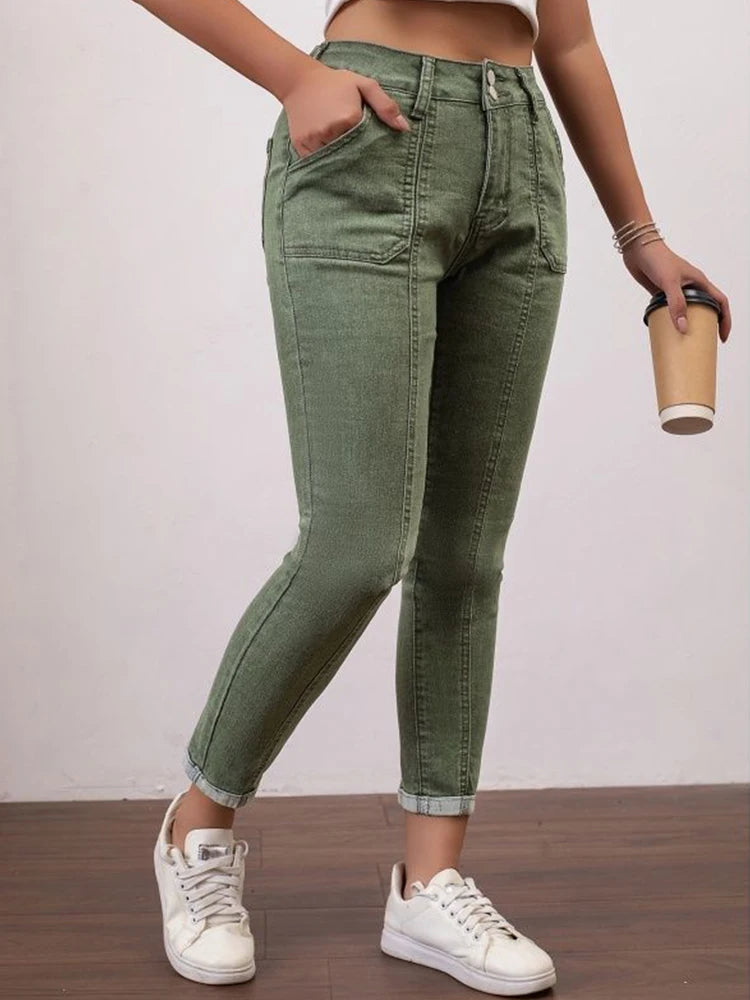 Women's Stretch Jeans High-Waisted Army Green Skinny Cuffed Hem Pants Splicing Design Autumn Casual Outdoor Trousers