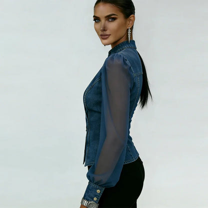 Vintage Chic Denim Sheer Mesh Blouse Women Trend Long Sleeve Button Down Lapel Chest Pockets Fitted Casual Daily Wear Top 2026