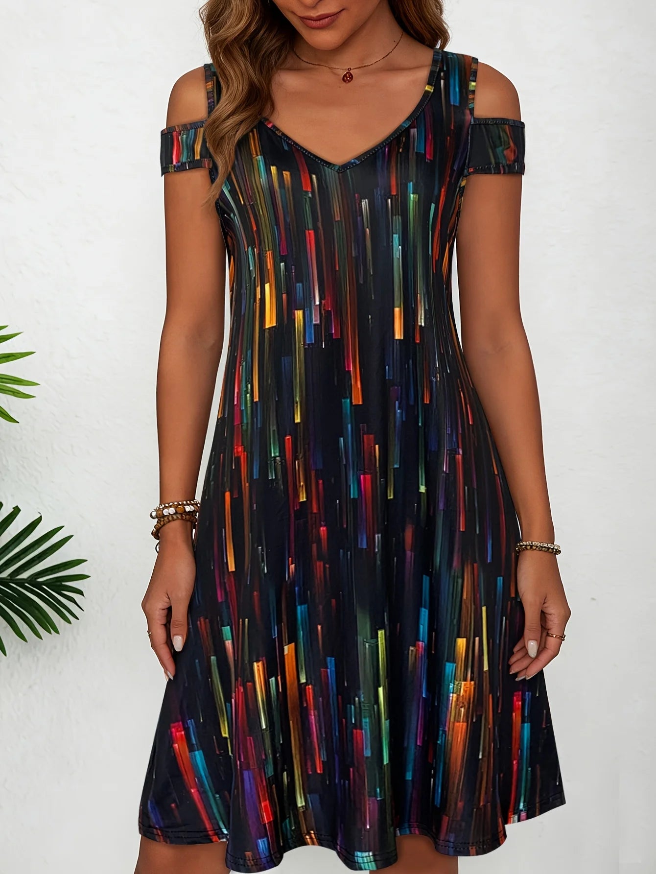 Women's Black White Wavy Stripe Print Cold Shoulder Midi Dress Summer Casual V Neck Short Sleeve A Line Flowy Sundress