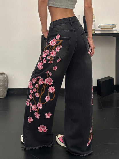 Women's European And American Style Floral Embroidered Black Loose Wide-Leg Jeans, Street Trend, Fashionable And Versatile, Soft And Comfortable High-Waisted Straight Trousers