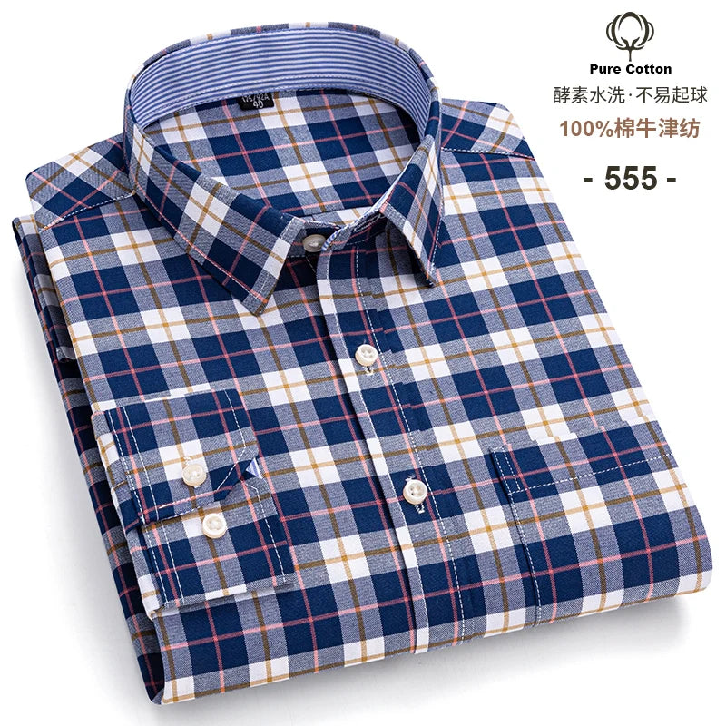 Men's Social Shirts Long Sleeve 100%Pure Cotton Oxford Buttoned Plaid Formal Male Casual Clothes Oversized Shirt Plus Size S-7XL