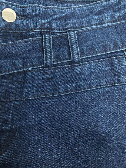 Ladies Deep Blue High Waist Bell Bottom Jeans Elastic Stretch Leg Lengthening Belted Waist