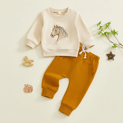 Adorable Infant Boys 2-Piece Set Stylish Long Sleeve Horse Embroidered Sweater with Matching Pants Perfect for Autumn Outings