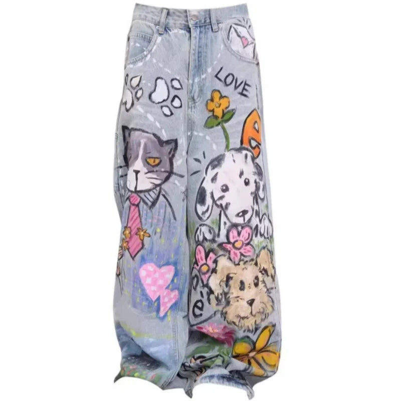Doodle-printed Jeans American Casual Style Vintage Straight-cut Loose-fitting High-street Wide-leg Pants Y2k Baggy Jeans Ladies